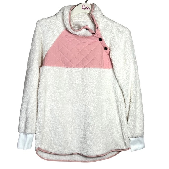 Boutique Pink White Fuzzy Teddy Bear Sherpa Pull On Sweatshirt Sweater Size S - Picture 4 of 15